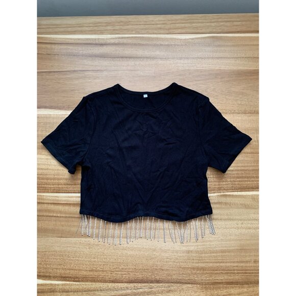 Juniors Slim Fit Black Cropped T-Shirt With Rhinestone Fringe Size Small - Picture 3 of 10